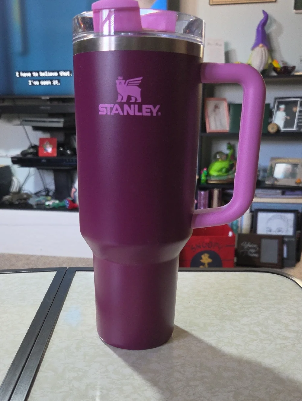 Stanley Plum Travel Tumbler with Pink Handle - Picture 1 of 5